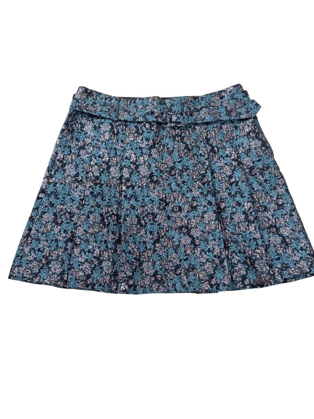Club Monaco Women Blue Metallic Floral Jacquard Belted Mini Skirt Size 10